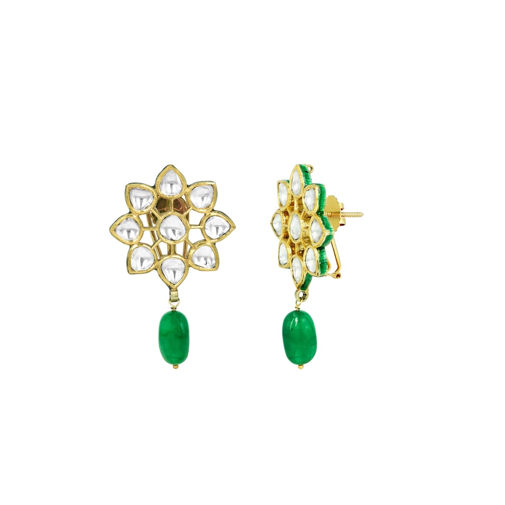 Floral Polki Earrings with Emerald Drops